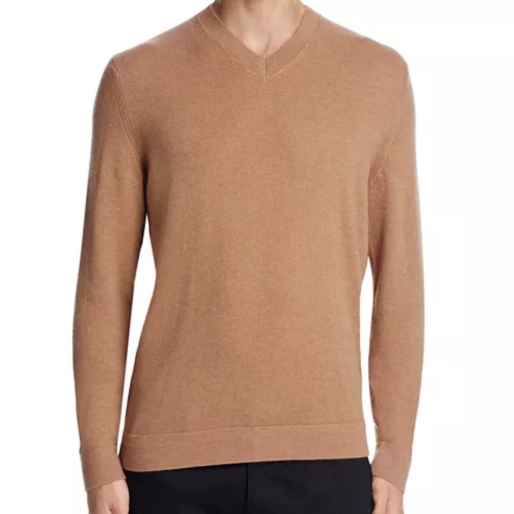 THEORY Mens Donners 100% Cashmere V-Neck Sweater in Camel Sz M Minimalist Luxury